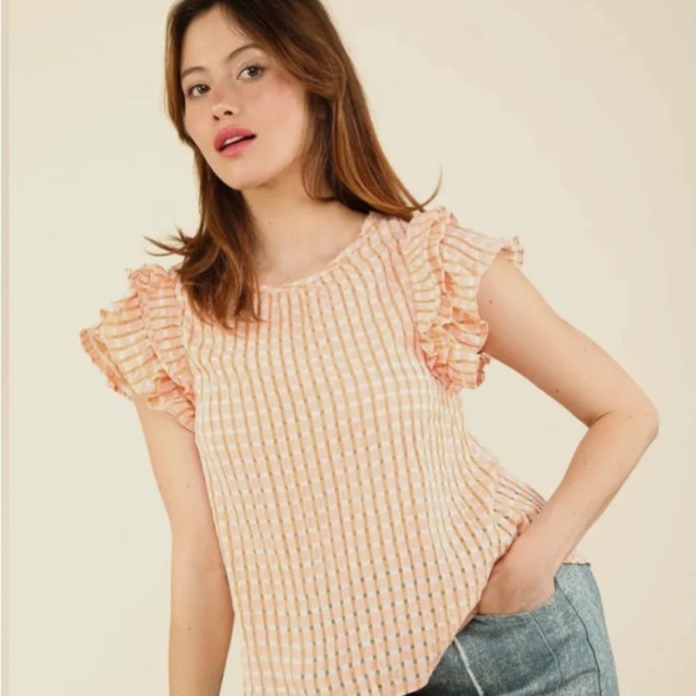 New In | Orange & White Gingham Ruffled Blouse | Sz L